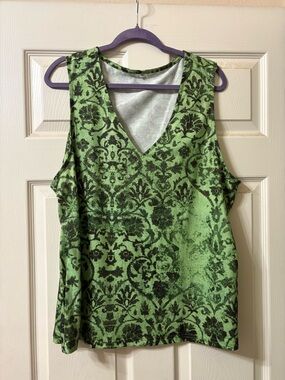 V-Neck Green Floral Damask Tank Top